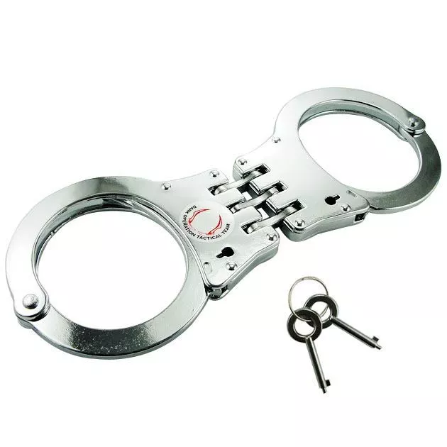 Real Silver Police Duty Handcuffs Double Lock Triple Hinged HandCuffs W/ 2 Keys