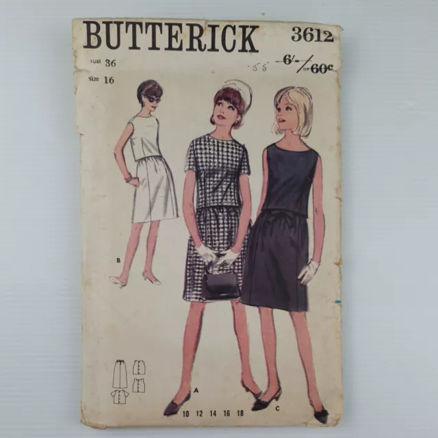 Butterick Sewing Pattern 3612 Women's Dress Pattern Size 16 Vintage 60s Complete