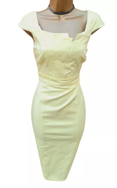 12 UK Karen Millen Yellow Cotton Pleat Cocktail Cruise Wiggle Pencil Dress