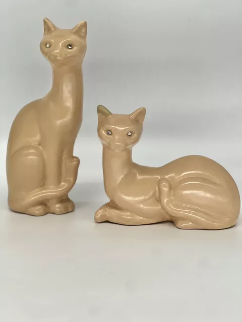 2 Vintage 1950s Hobbyist Modernist Ceramic Cubist Cat Figurines Statue MCM Muted