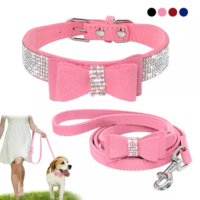 Collar y Correa para perro de cuero de piel con purpurina y cristales Brillantes