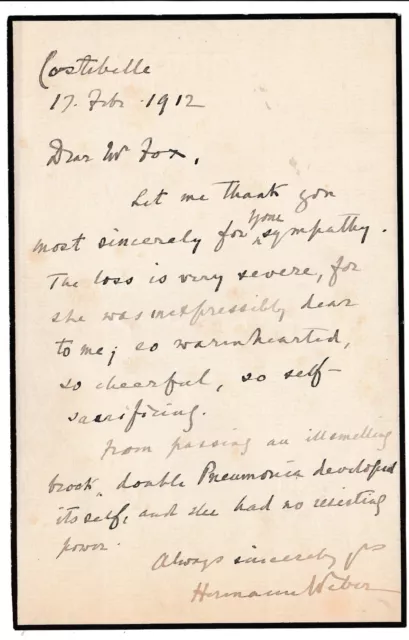 Sir Herman David Weber - physician - of Weber's syndrome fame - 1912 letter