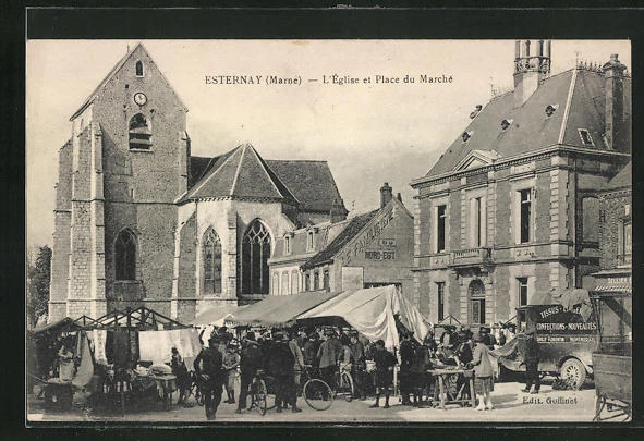 CPA Esternay, L´Èglise et Place du Marchè