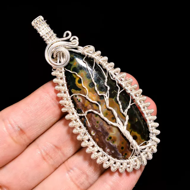 Ocean Jasper Handmade 925 Sterling Silver Wire Wrapped Pendant 3.1" GSR-3549