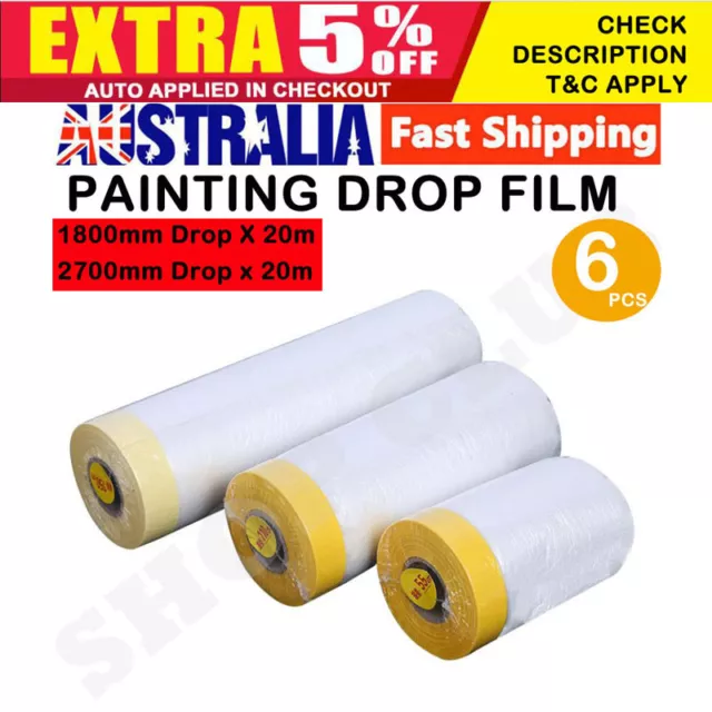 6 ROLLS x 1800mm PAINTING MASKING FILM SHEET PRE TAPED PLASTIC DROP PAINT TAPE