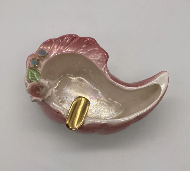 Vintage Sea Shell Shaped Iridescent Pink Pearl Ceramic Ashtray With Flowers