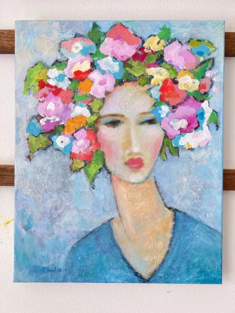 Flowers Crown Abstract Women Portrait Outsider Face Art Original painting OOAK