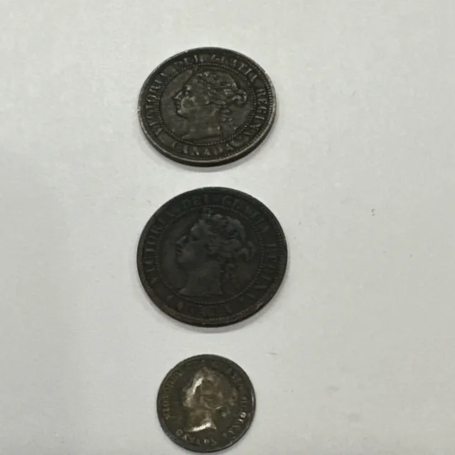 1870 1888 1896 Lot Of 3 Canada Queen Victoria 1 Cent and 5 Cents Antique Coins