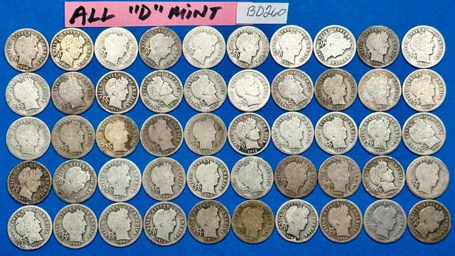 Barber Silver Dimes Lot of 50 Silver Barber Dimes FULL DATES ALL DENVER | #BD260