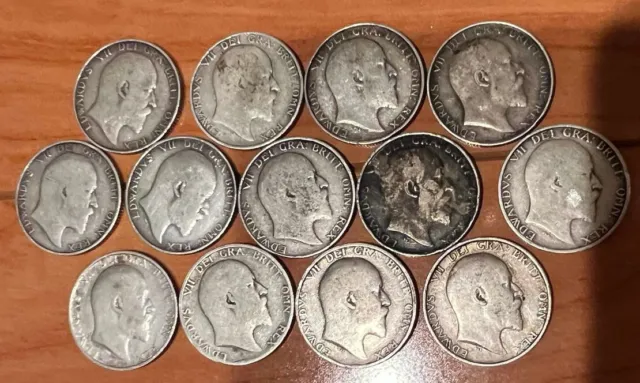 Lot Of 13 Edward Vii .925 Silver Shillings 1902-1908 Dates