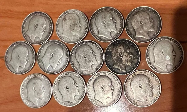 Lot Of 13 Edward Vii .925 Silver Shillings 1902-1908 Dates Lot Of 13 Edward Vii .925 Silver Shillings 1902-1908 Dates