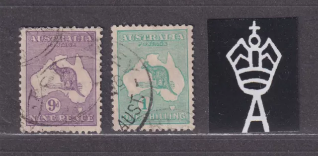 Australia SG 27-28 Scott 41-42 Used 1915 9d & 1/- Kangaroos 2nd Watermark CV $82