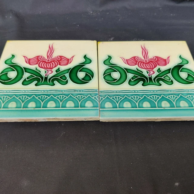 1940s Vintage Embossed Majolica Art Nouveau Architecture Tile  2 Pieces Japan 3