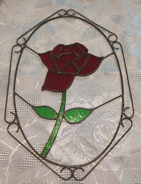 Stained Glass Hanging Art Window Sun Catcher Red Rose Vintage Beauty & The Beast