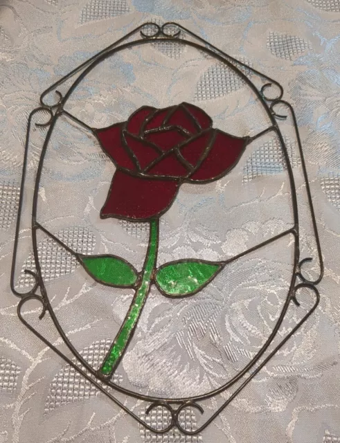 Stained Glass Hanging Art Window Sun Catcher Red Rose Vintage Beauty & The Beast
