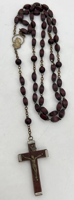 Vintage Rosary - Italy INRI - Wood Wrapped Metal Cross -Brown Wood Bead - 19”