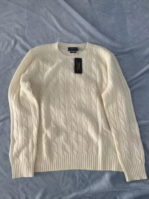 $398 Polo Ralph Lauren Cashmere Cable Knit Crewneck Sweater in Cream Mens Large 2