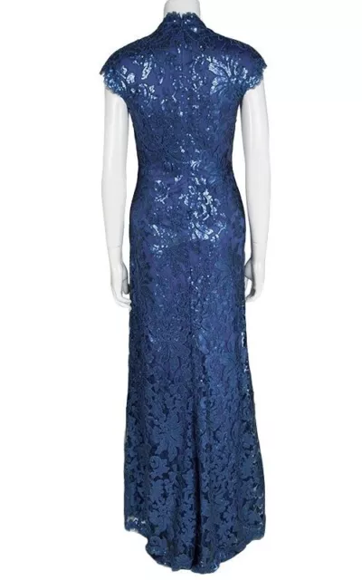 TADASHI SHOJI Navy Blue Sequined Lace Square Neck Gown, Size 4,NEW W/TAG 3