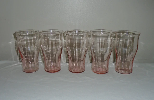 Vintage Depression Glass Pink Optic Fluted Tumblers Soda Glassware 1930s Set 5