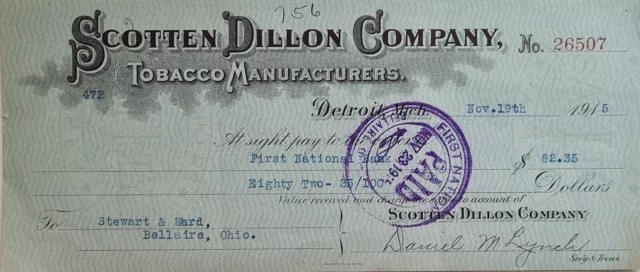 Antique 1915 Scotten Dillon Company Cancelled Cheque Ephemera