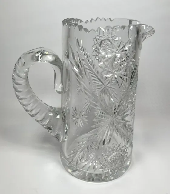 Antique American Brilliant Period Heavy Cut Glass Crystal Pitcher w Sawtooth Rim