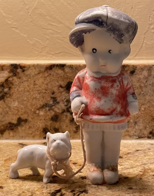 VTG Japanese Bisque Miniature Boy and Dog on Leash Figurine