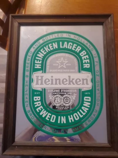 Heineken Lager Beer Holland Wood Framed Glass Mirror Bar Pub Sign 13.5x10.75