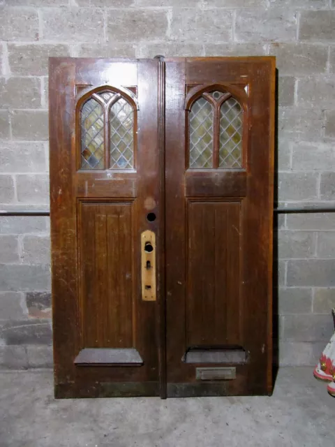 ~ Antique Gothic Oak Double Entrance French Doors With Stained Glass ~ 55 X 84