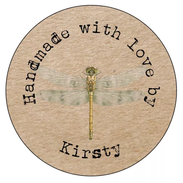 HANDMADE Personalised DRAGONFLY Shabby Brown Kraft Effect Favour Stickers -1174