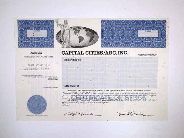 Capital Cities/ABC, Inc., 1988 Specimen Stock Cert XF Blue Now Part of Disney