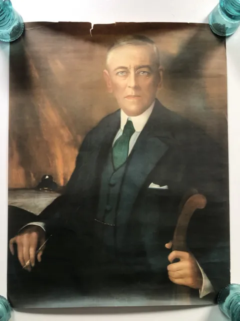 WWI Lithograph Poster President Woodrow Wilson Portrait Bryson Merchants Chicago