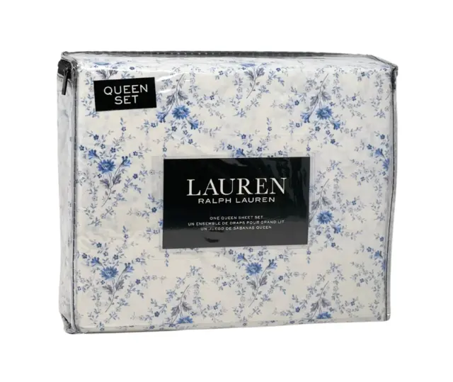 RALPH LAUREN 4 PC QUEEN Supreme Cotton Blue & White Cottage Floral Sheet Set NEW