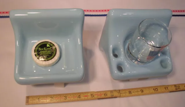 Sky Blue; Sink Set, Glossy Ceramic Soap Dish + Cup & Toothbrush Holder  Mint