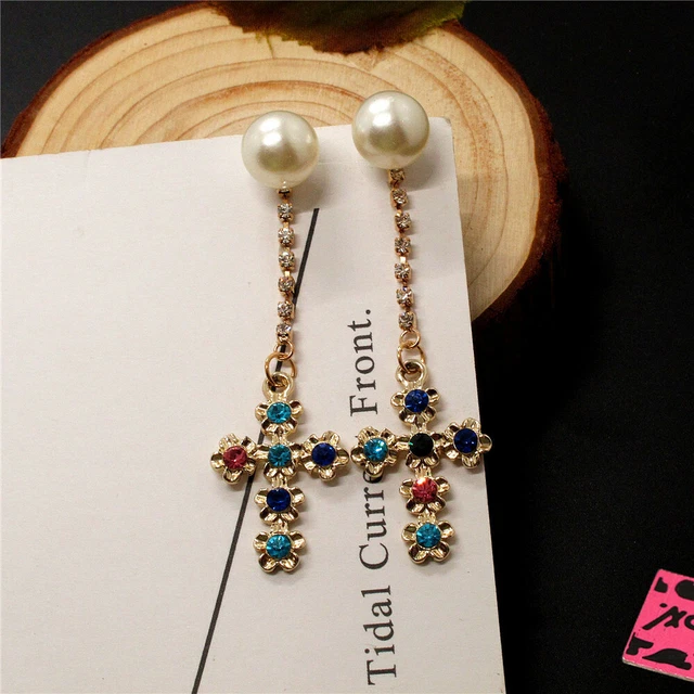 Betsey Johnson Color Bling Maiden Cross Pearl Crystal Women Stand Earrings