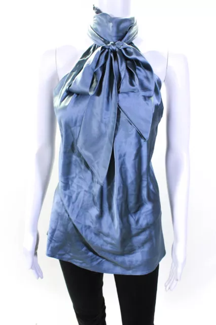 Ramy Brook Womens Tie Neck Halter Satin Sleeveless Top Blouse Blue Size Large