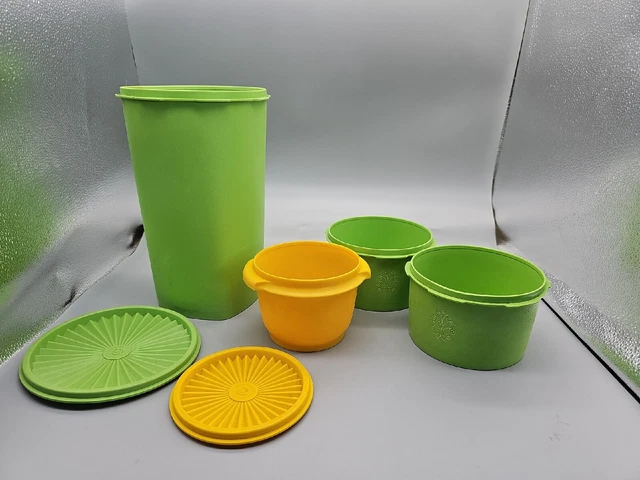 Vtg Tupperware Lg Canister 10.5"- Apple Green 1222-4 & Lid & Yellow 886-6 & Lid