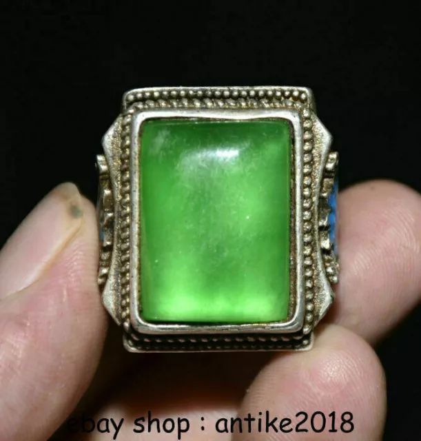 1.4" Old Chinese Enamel Silver inlay Green Jade Gem Dynasty Flower Finger Ring
