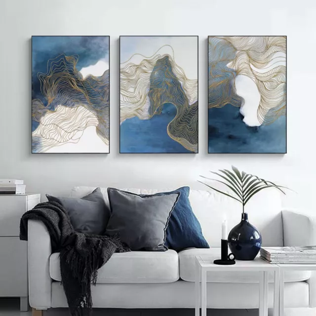 Abstract Blue Grey Gold Framed Canvas Prints Modern Wall Art Home Decor Print 3