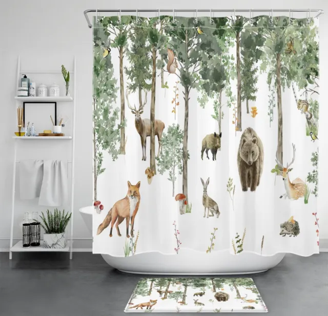 Rustic Forest Deer Bear Fox Wild Animal Shower Curtain Bathroom Accessories Set