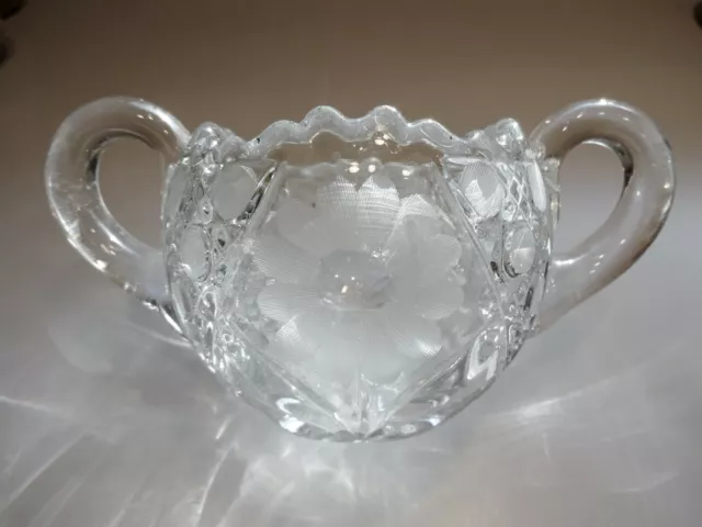 Vtg CLEAR GLASS OPEN SUGAR BOWL Sawtooth Floral Crystal American Brilliant ABP ?