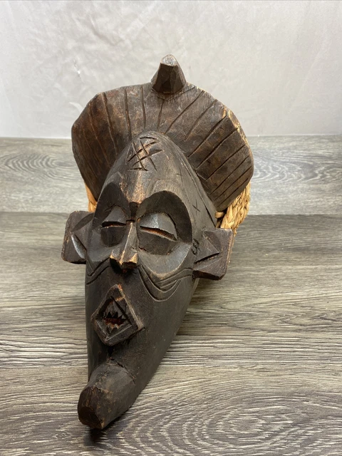Antique African Art Tribal Face Mask w/ Weaved Head Dress