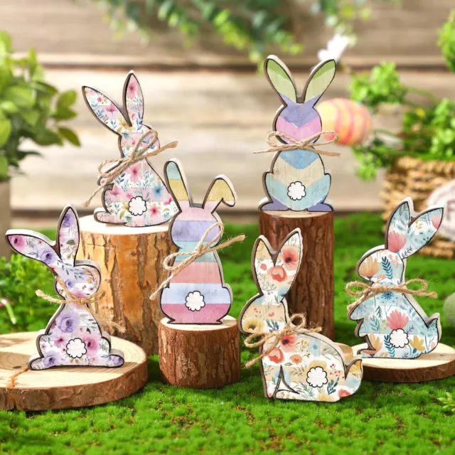 6 PCS EASTER Bunny Wooden Signs Double Sided Printing Bunny Decor ...