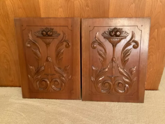 French Architectural Wood Door Panels S/2 Hand Carved Cabinet Doors Mahogany