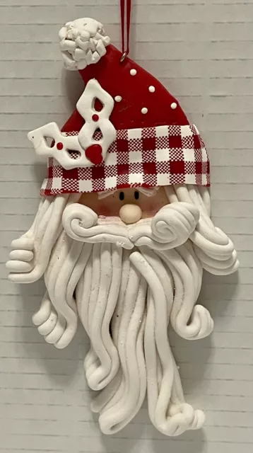 Santa With Swirl Icing Beard Plaid Banded Red Hat Christmas Ornament 6.5”