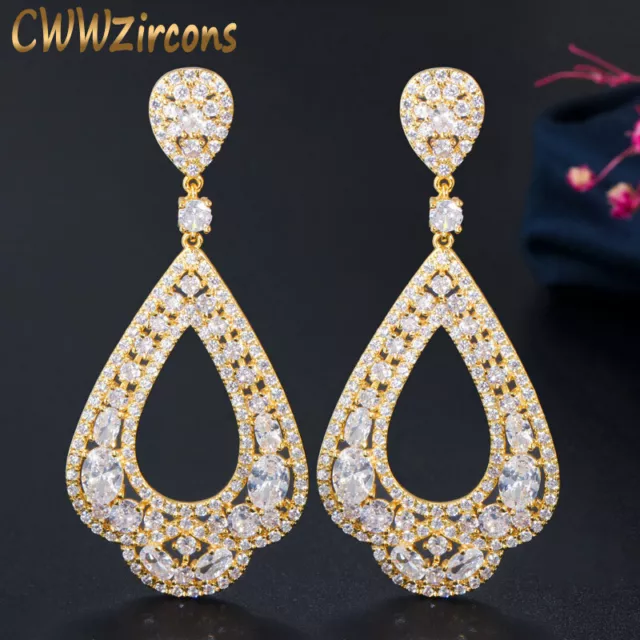 Cubic Zircon Crystal 18k Gold Long Water Dangle Drop Hoop Earrings For Women