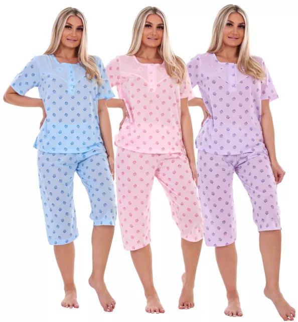 Ladies Capri Pyjama Set Floral Printed Crew Neck Buttons Cropped PJs M to XXL
