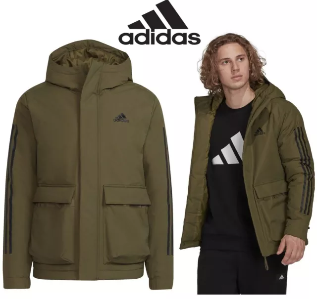 Adidas Mens Utility 3 Stripes Hooded Jacket Sports Gym Winter Waterproof Warm UK