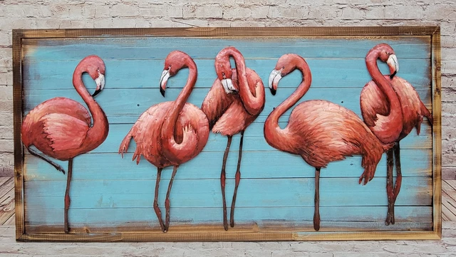 Pink Flamingos ORIGINAL Animals Birds Modern handmade Oil/can painting 3-D