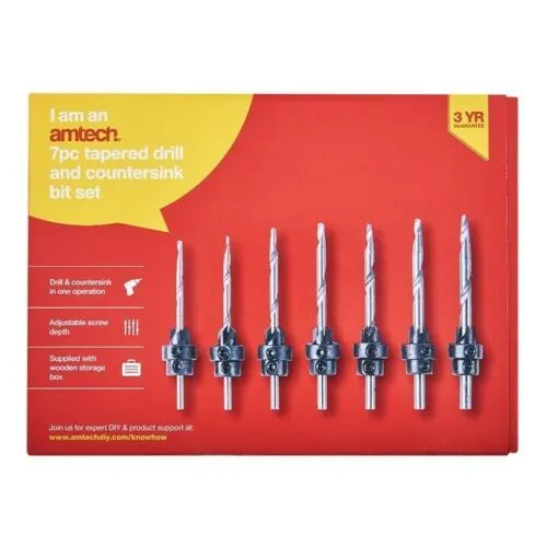 7pc Tapered Drill Bits Countersink Set Stop Collars Hex Key Wood Pilot Hole