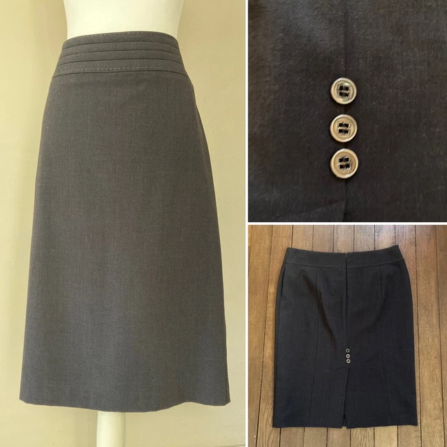 Gonna da donna M&S carbone UK 16 foderata dettaglio bottoni sotto il ginocchio abbigliamento da lavoro